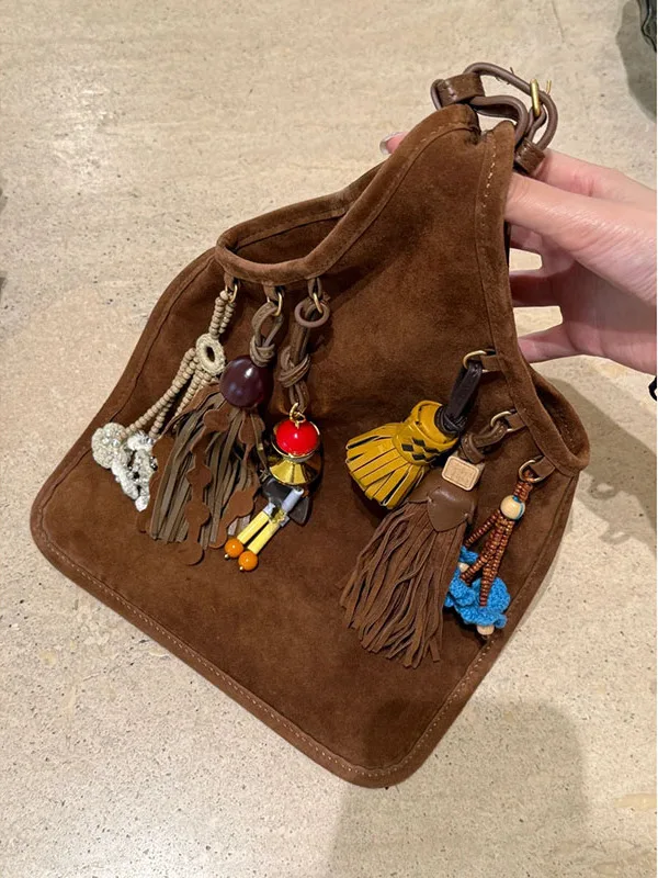Original Brand Pendant Shoulder 2025 New Suede Handbag Women Fashion Bucket Bag Leather Bag