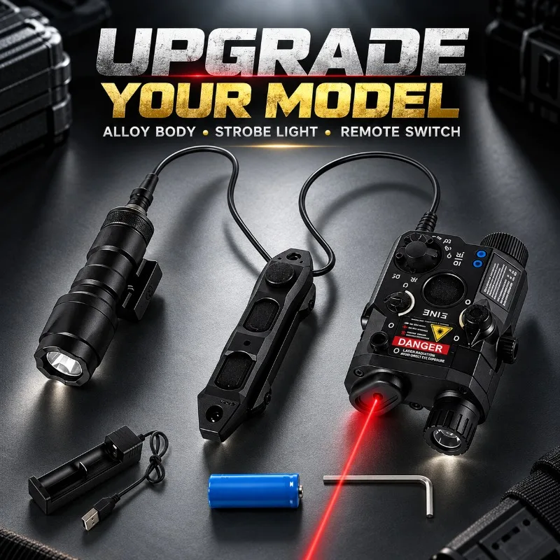 Versatile PEQ15 Shape Alloy Hobby Ornament Accessory, Tunable Red‑Green Beam, Strobe Flashlight & Triple‑Mode Wired Control
