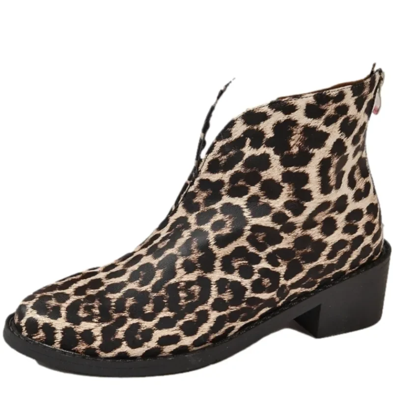 Buty damskie 2023 Leopard damskie botki ze spiczastym noskiem buty motocyklowe nowy średnie obcasy masywny Gladiator Chelsea Boots kobiet