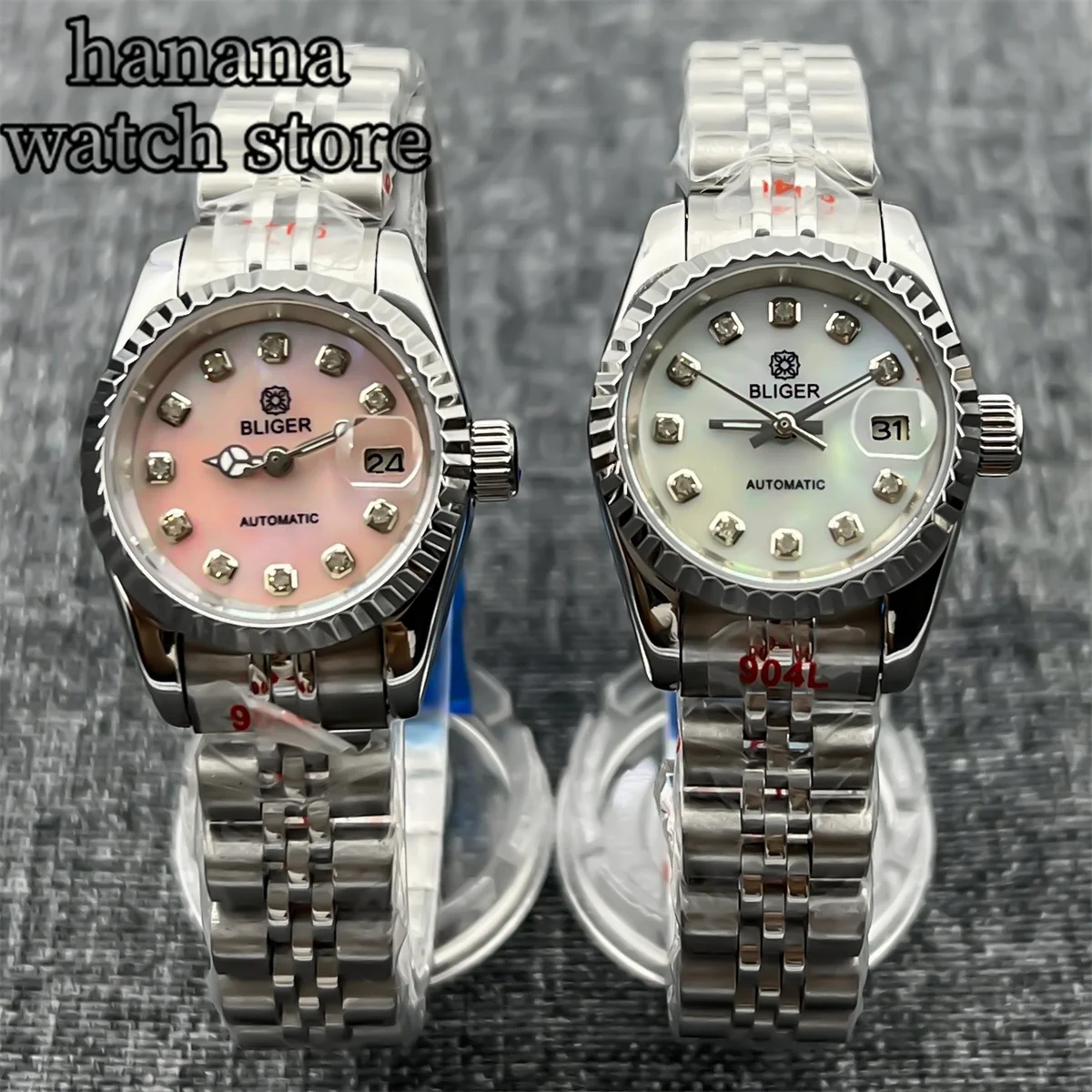 BLIGER Women\'s Watch 26mm NH05 Automatic Movement White Pink Pearl dial Silver Rose Gold Index sapphire glass 100m waterproof