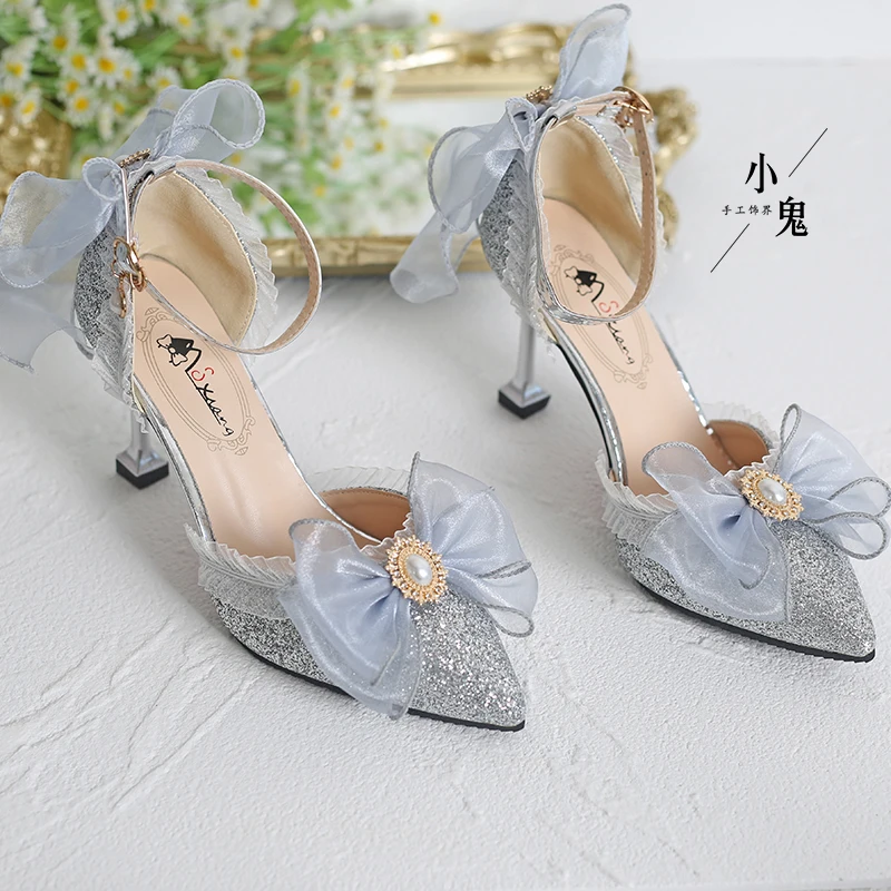 Original Grey Elegant Lolita Lace High Heels Cos Fairy Women's Shoes Black Bow Lolita Girls' Tea Party Shoes