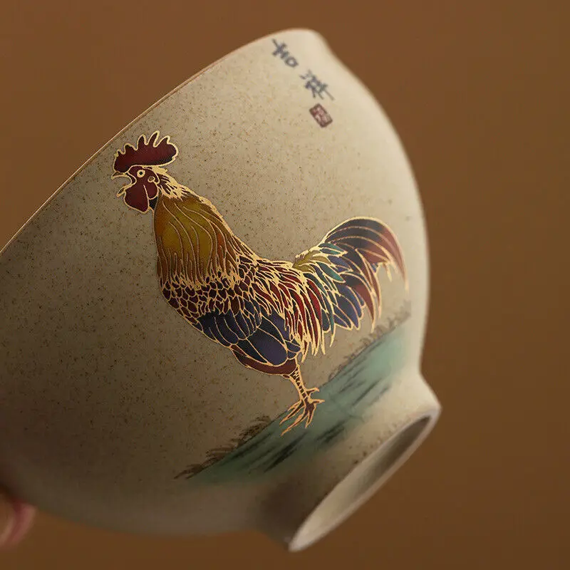 

Чайная чашка из стерлингового серебра 999 пробы с фарфоровым петухом, расписанным вручную, персональная чашка-талисман