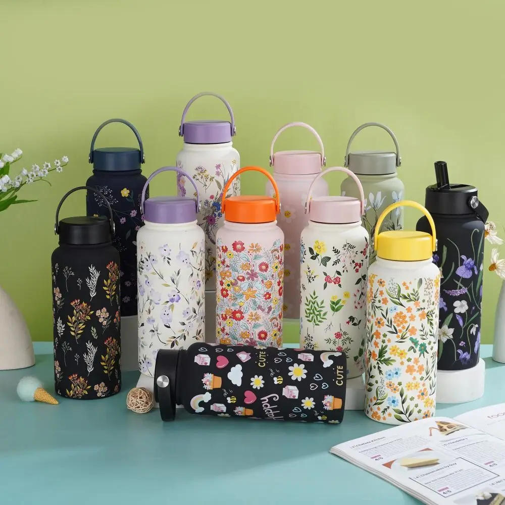 

Creative Thermal Water Bottle Portable Stainless Steel Outdoor Insulated Mug Thickened Large Capacity Floral Insulated Bottle