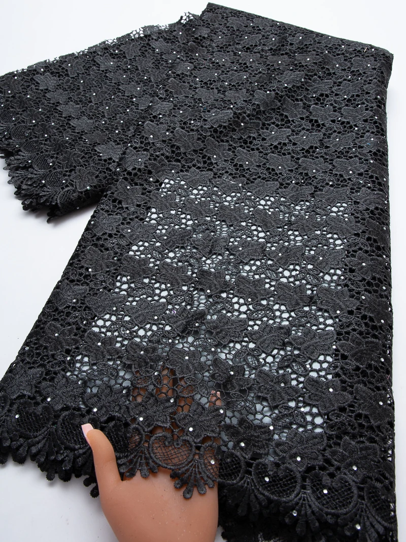 Black African Grand Wax Guipure Cord Lace High Quality Nigerian Sequins Water Soluble Lace Fabric For Sew Party Dresses,5yards