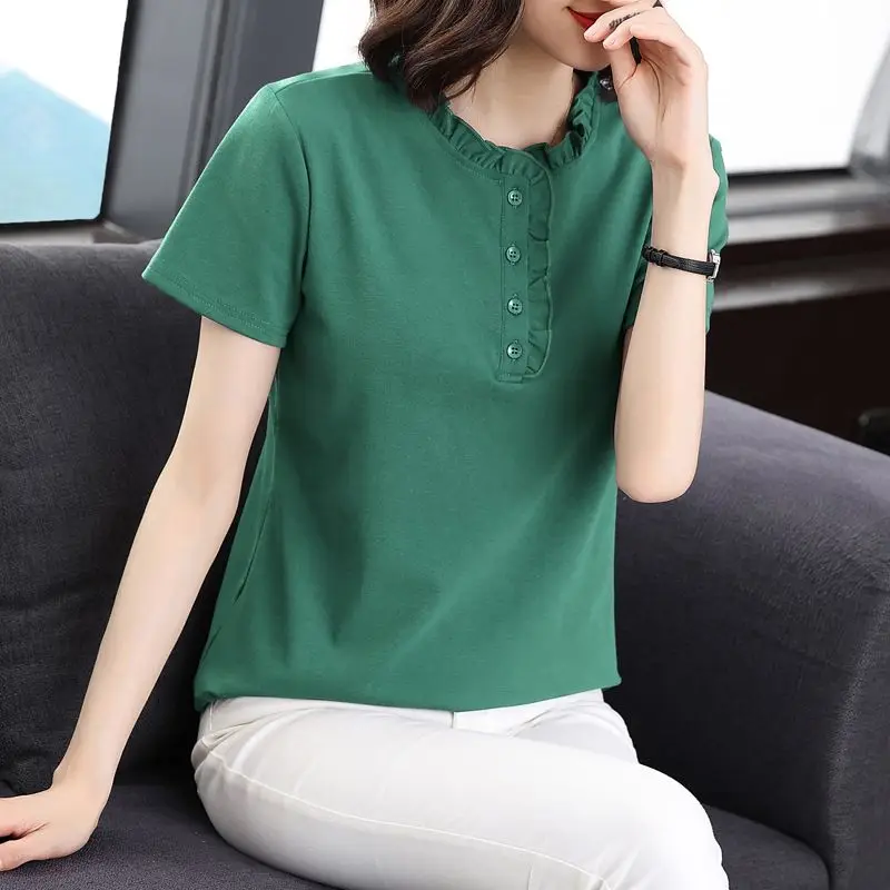 Women Summer Simplicity Loose Elegant Solid Color O-neck Short Sleeve T-Shirt Women Clothes Casual All-match Appear Thin Top Tee