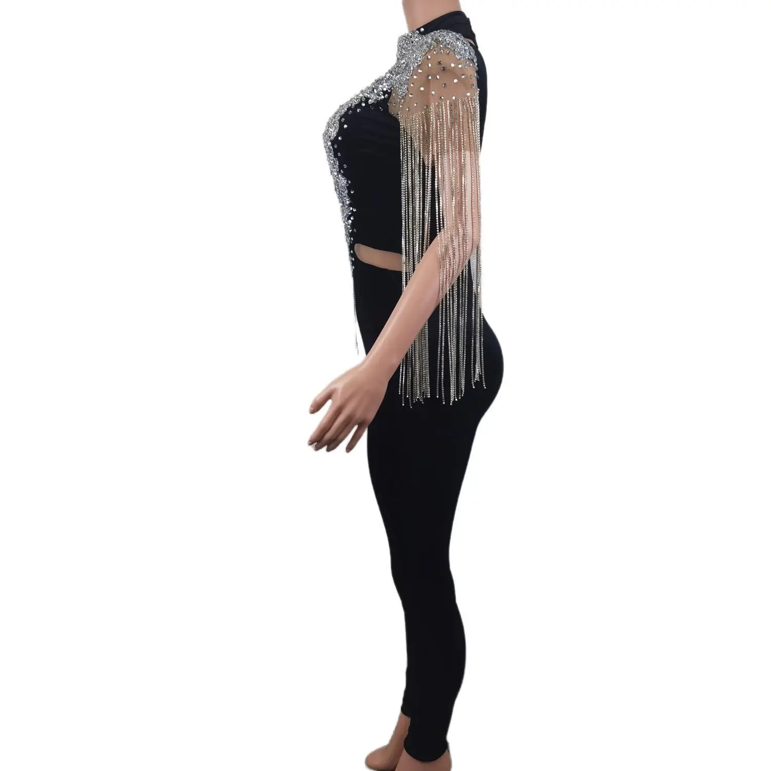 Silver Rhinestones Fringe Transparent Jumpsuit Women Black Velvet Stretch Leggings Dance Outfit Singer Costume Wear HeiVling