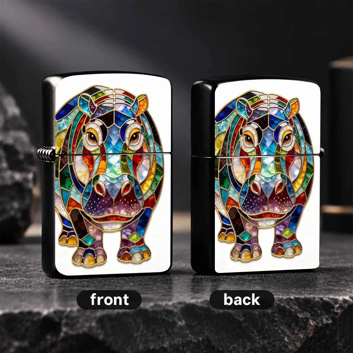 Vibrant Stained Glass Hippo Themed Portable Lighter, Exquisite Gold Trim Art Design, Stylish Ambience Piece, Suitable For All Daily Scenarios, Unique Creative Practical Gift For Friends And Hobbyists, Eye-Catchy Decorative Collectible Item