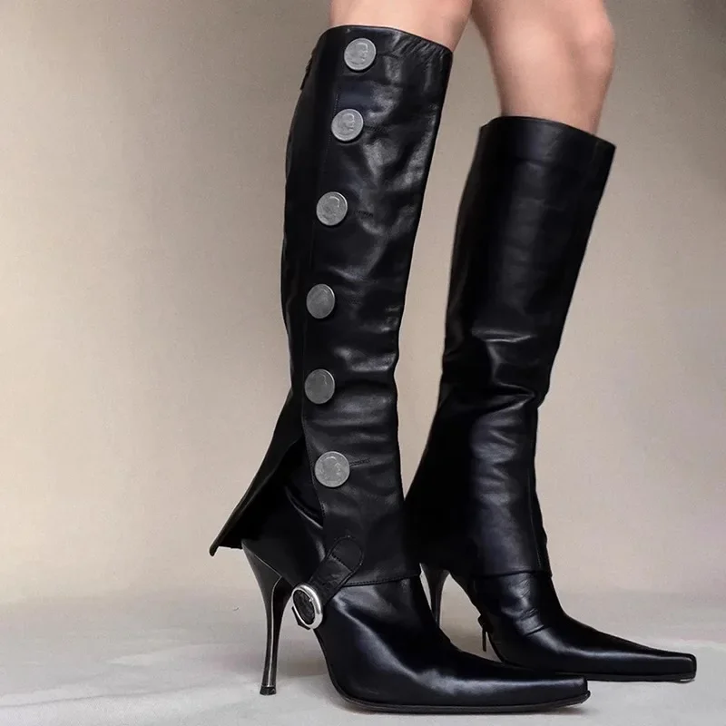 

Detachable Retro Coin Button Long Boots Women's Knee Length Medium Ancient Pointed Toe Slim Heels Fashion High Heels Short Boots