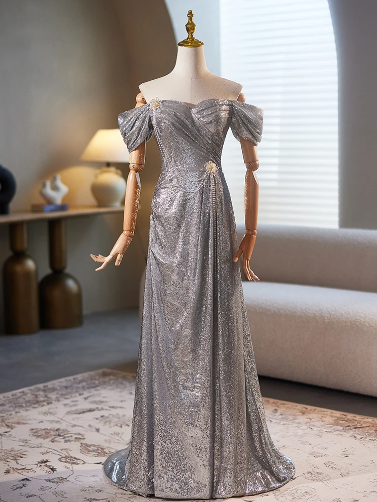 

Ele Silver ey Evening Gown One oulder Host Women's Faionable Sparkling High-End Long Dr for Wedding Par Per...