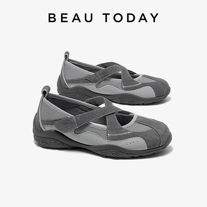 BEAUTODAY Ballet Sneakers Women Cow Suede Leather Flats Hook Loop Summer Breathable Ladies Shallow Shoes 25332