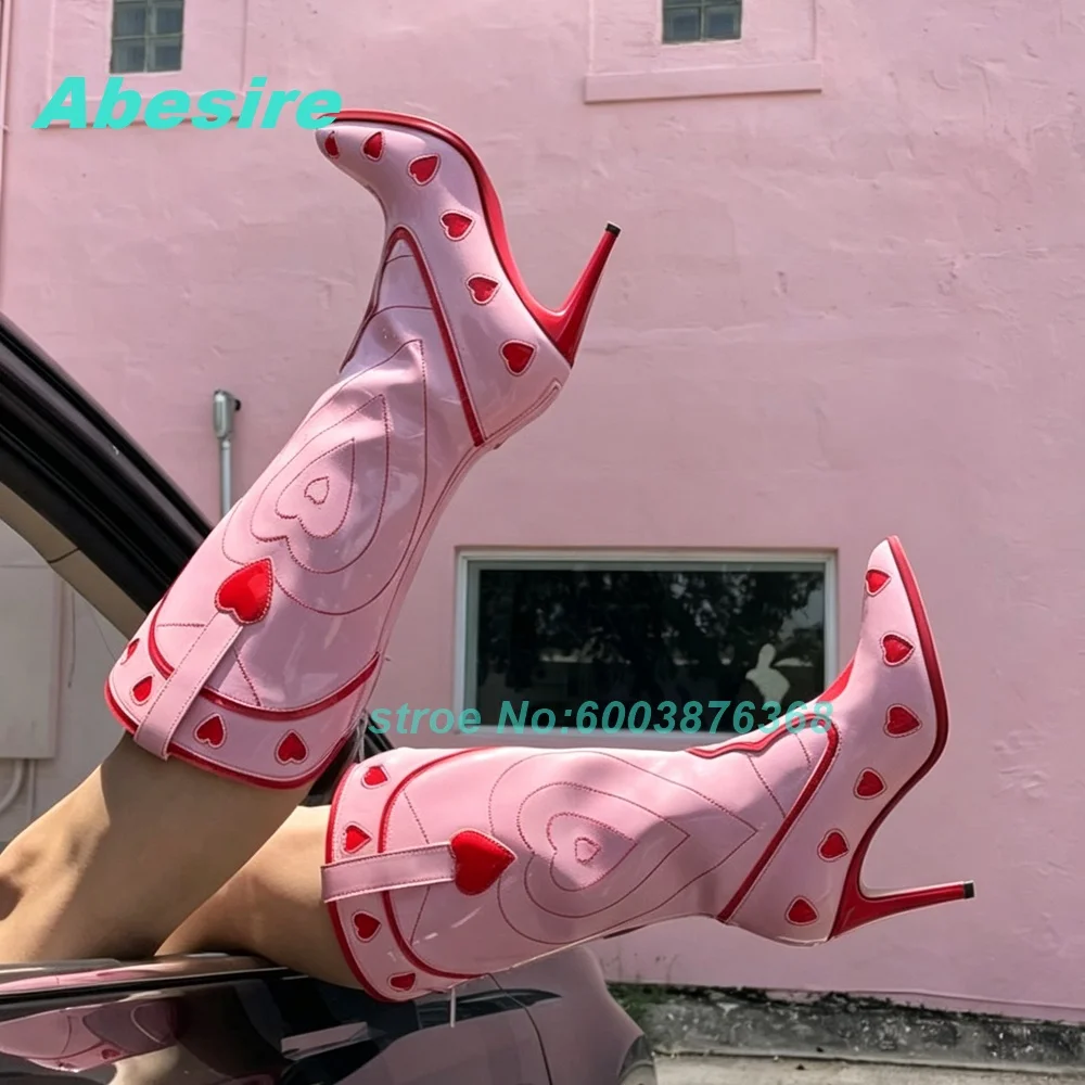 Sweet‑Gothic Heart‑Decor Stiletto‑Heel Knee High Boots Pink‑White Pointed‑Toe Long‑Boots Lolita Party Street‑Style Fashion Shoes