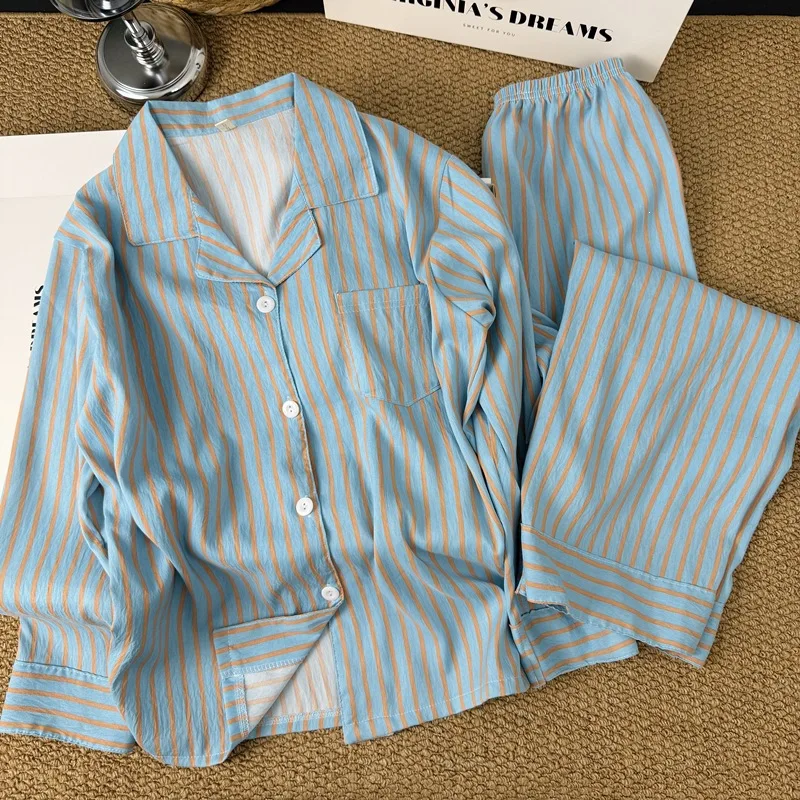 

Korean-Style Simple Striped Pajamas for Women, New Spring and Summer Loose Lazy Long-Sleeve and Long Pants Homewear Set