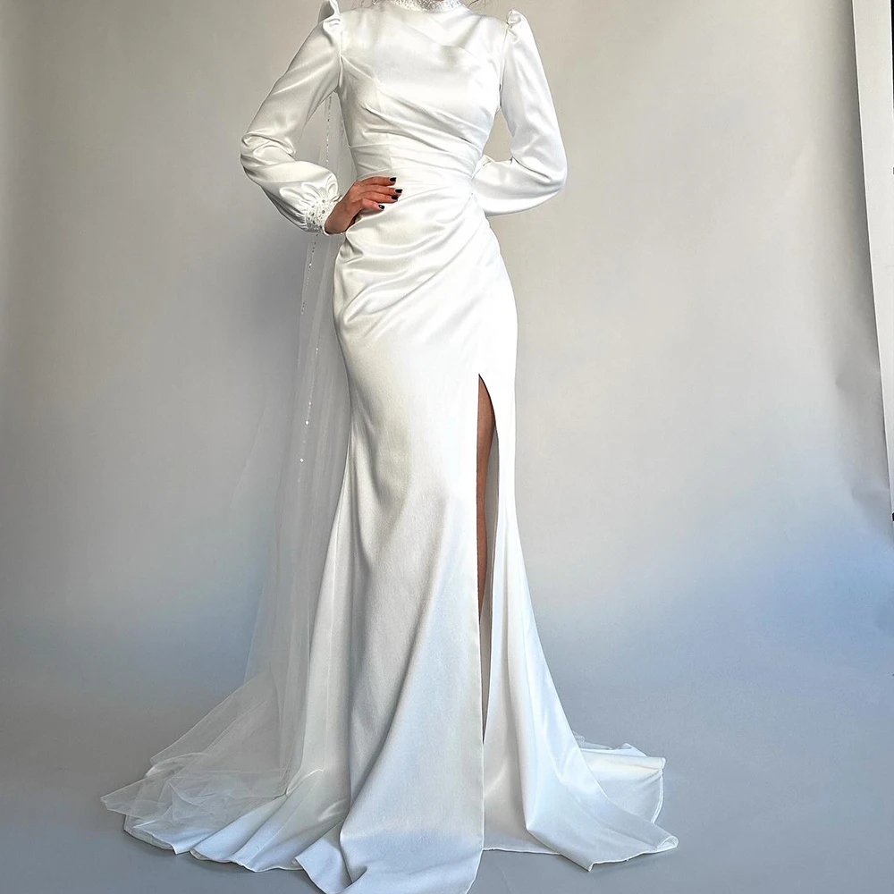 Customized Graceful Crystal High Neckline Floor Length Side Slit Gowns Straight Satin Sweep Train Long Sleeves платье вечернее