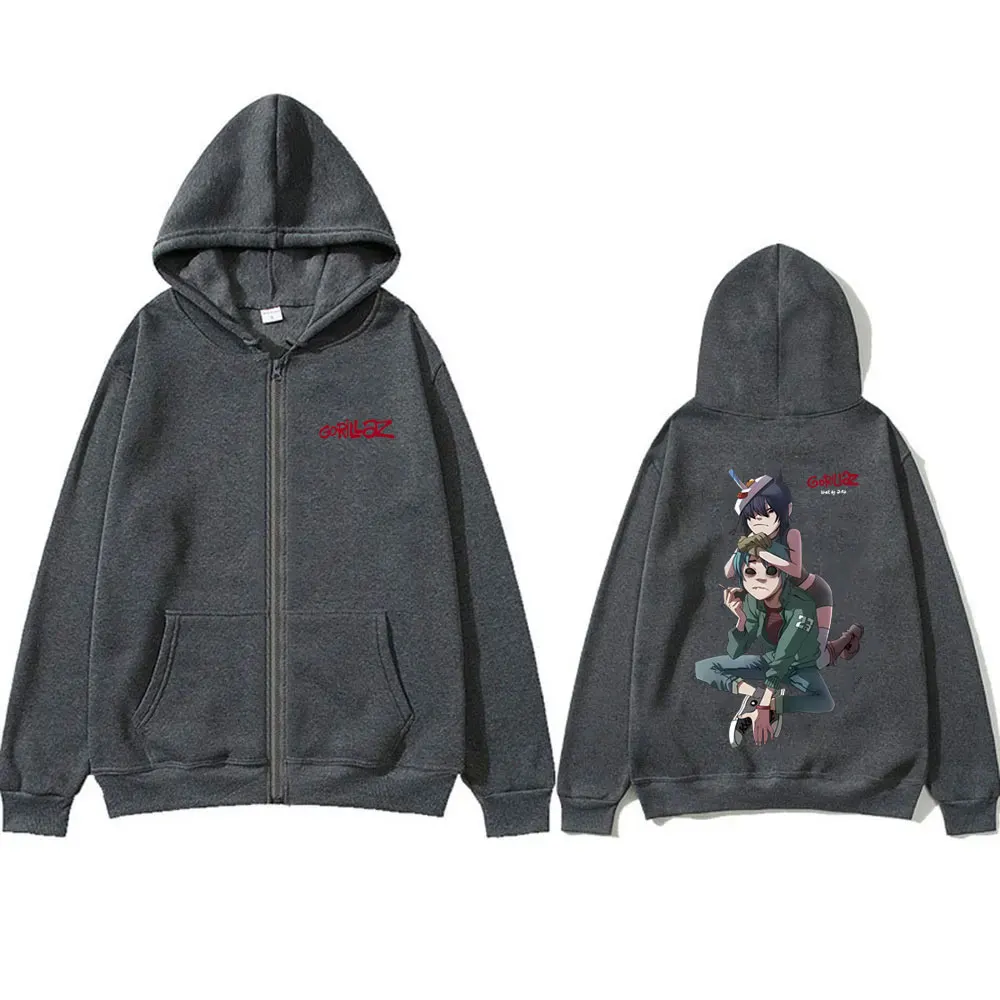 Rock Band Gorillaz Zipper Hoodie Men Women Hip Hop Fashion Vintage Zip Up Jacket Men's Casual Fleece Oversized Zip Up Sweatshirt
