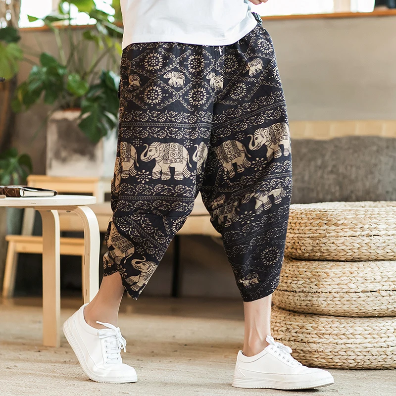 Harajuku estate pantaloni larghi al polpaccio pantaloni Casual da uomo gamba larga in cotone e lino stampa pantaloni larghi pantaloni da uomo Oversize