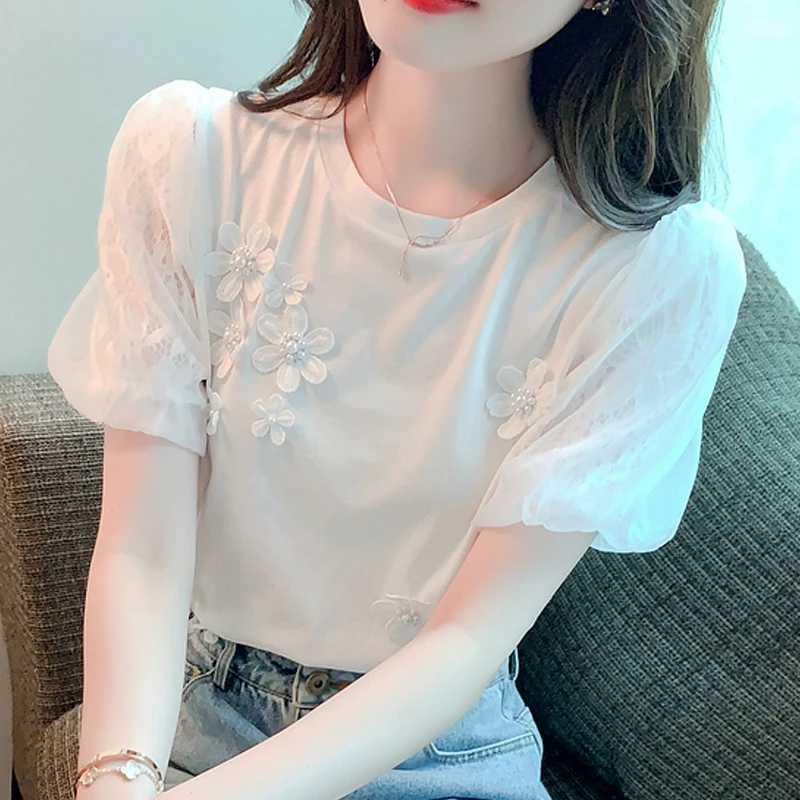 Women\'s Beading Flower Tops, Short Sleeve T-shirts, Casual Round Collar Clothes, Summer White Tees, New, Sweet 8542