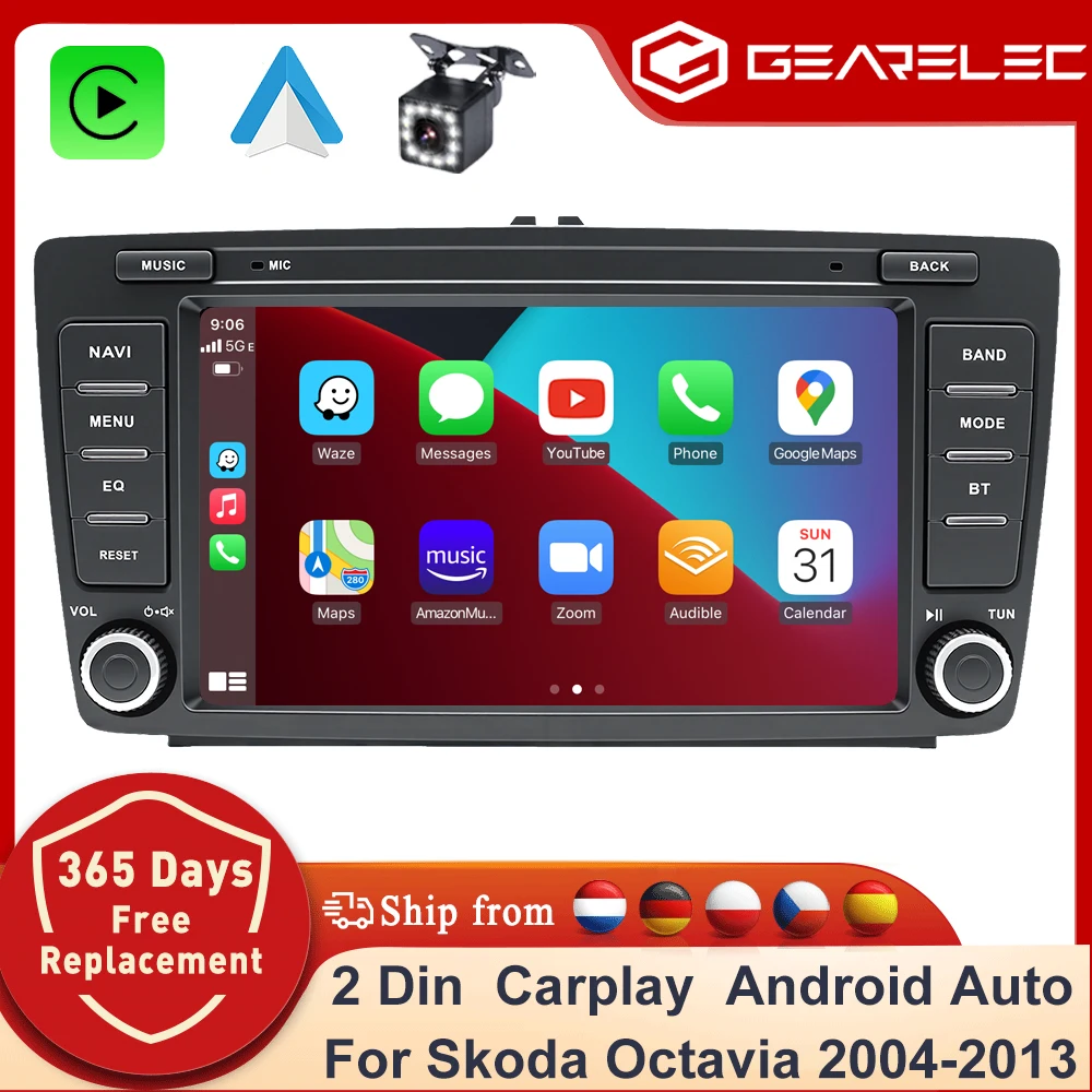 GEARELEC Android 14 Autoradio für Skoda Octavia 2004-2013 Carplay Android Auto Multimedia-Player GPS-Navigation Bluetooth WIFI RDS Autoradio