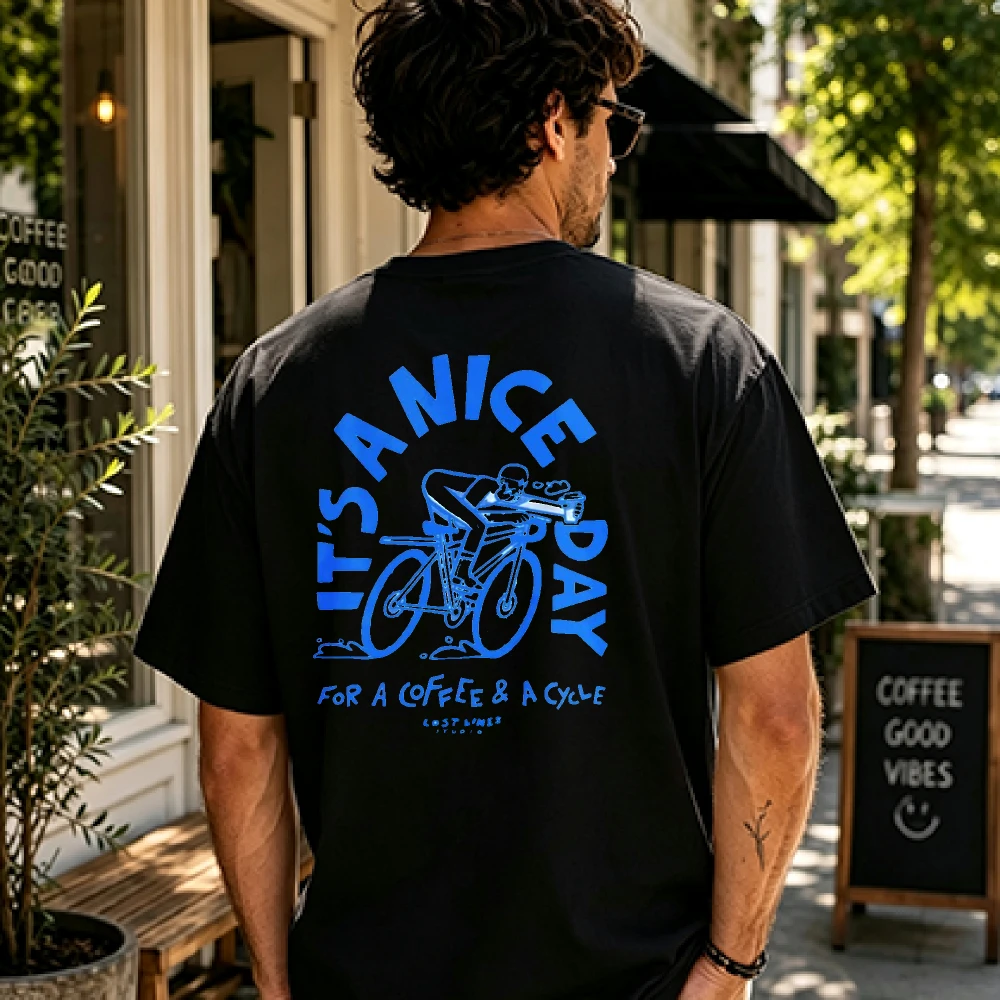 It's A Nice Day for Coffee & Cycle Blue Graffiti Cyclist Slogan Back Print T Shirt Cotton Tee Outdoor Cycling Coffee Lover Tops