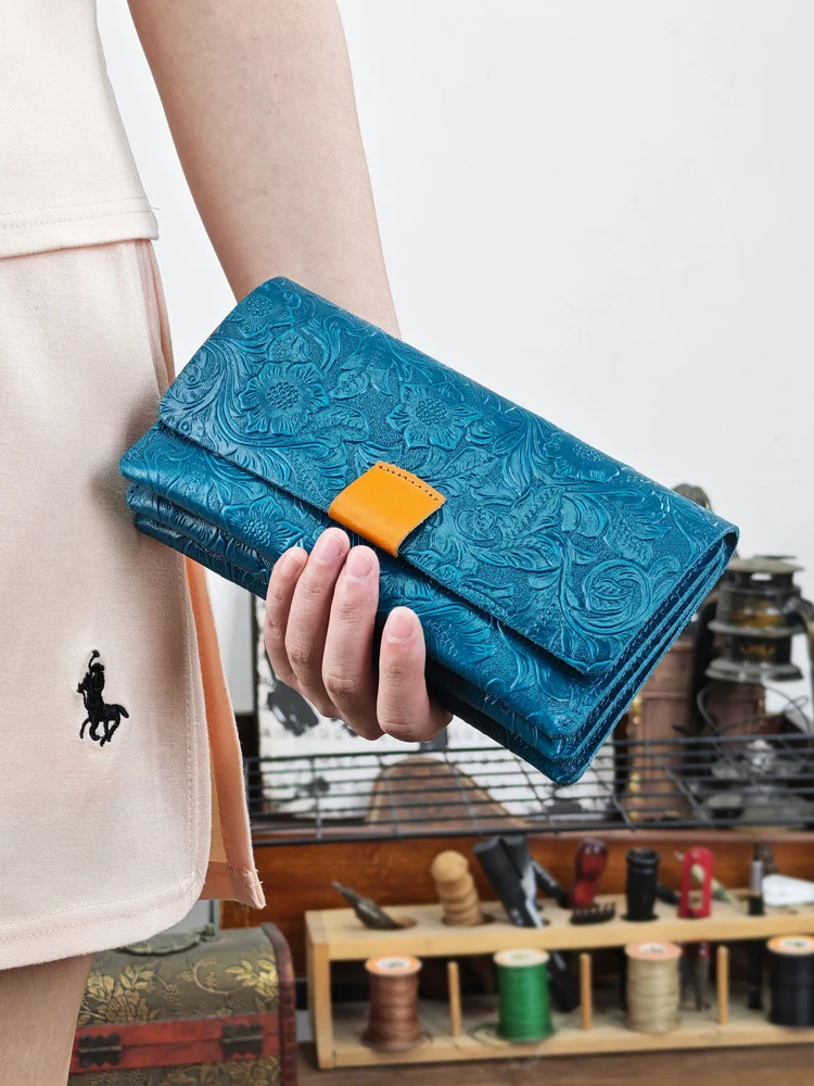 Carteira Longa Feminina Feita à Mão em Couro Genuíno, Bolsa de Mão para Celular, Carteira Feminina em Couro Macio com Fecho