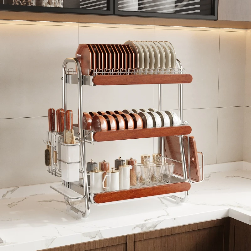 

Durable Medieval Stainless Steel Dish Storage Rack Dish Knife Chopsticks Drain Rack Oak Baffle Drying Rack Kitchen Shelf