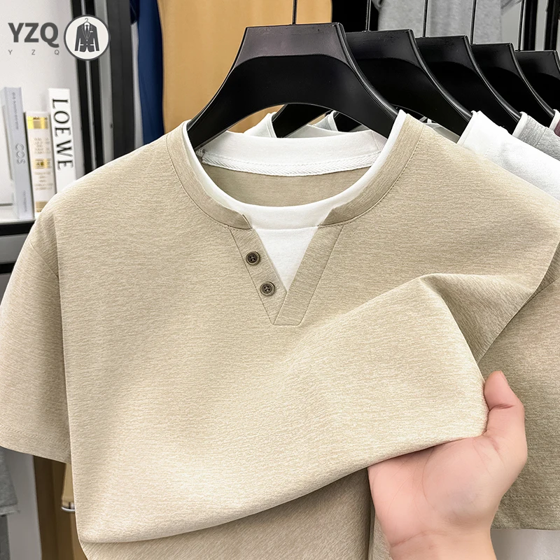 Mens Short Sleeve T Shirt Henley Neck Fake Two Piece Casual Tops Breathable Slim Fit Tees For Men Daily Outfits view 2