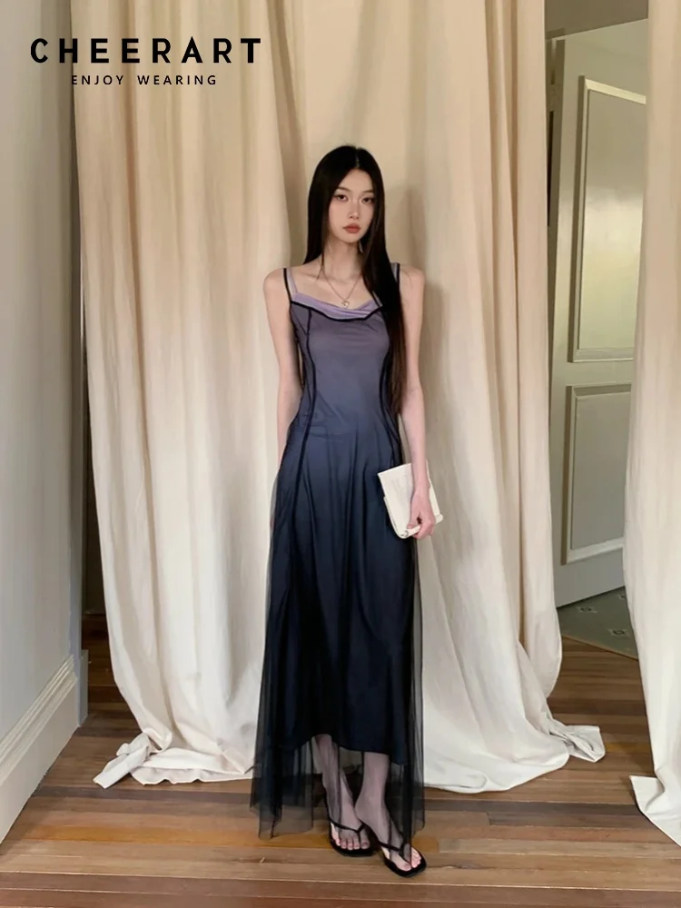 CHEERART Farbverlauf Mesh Langes Sommerkleid Frau 2025, Urlaubskleidung, Schwarz, Braun, Sommerkleid, A-Linie, Midi-Slip-Kleid