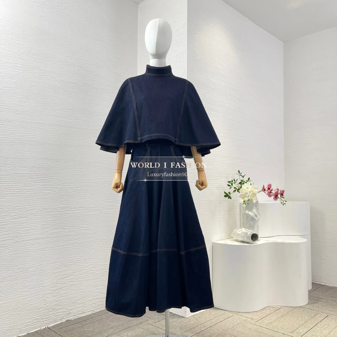 

Navy Blue 3/4 Sleeve Stand Collar Denim Blouse Tops and Mini Skirt Set 2025 New Design