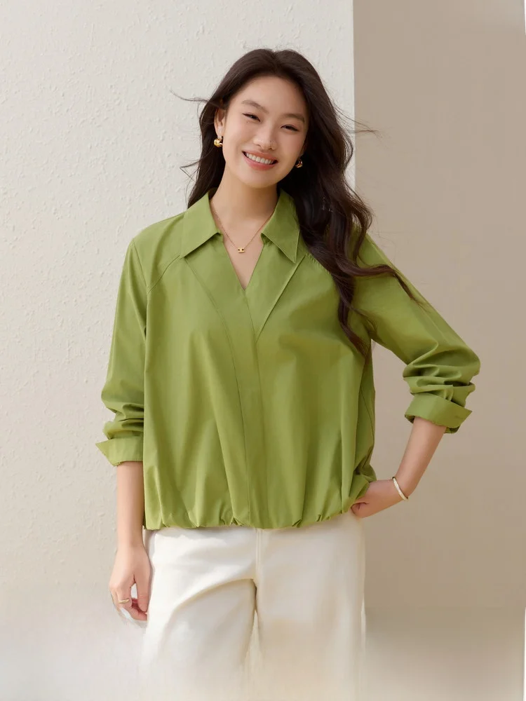 

Slimming Versatile irt Elastic Hemline Turn-down Collar plus Size Women's Spring New Sle Comfortable Fit Long Sve irt