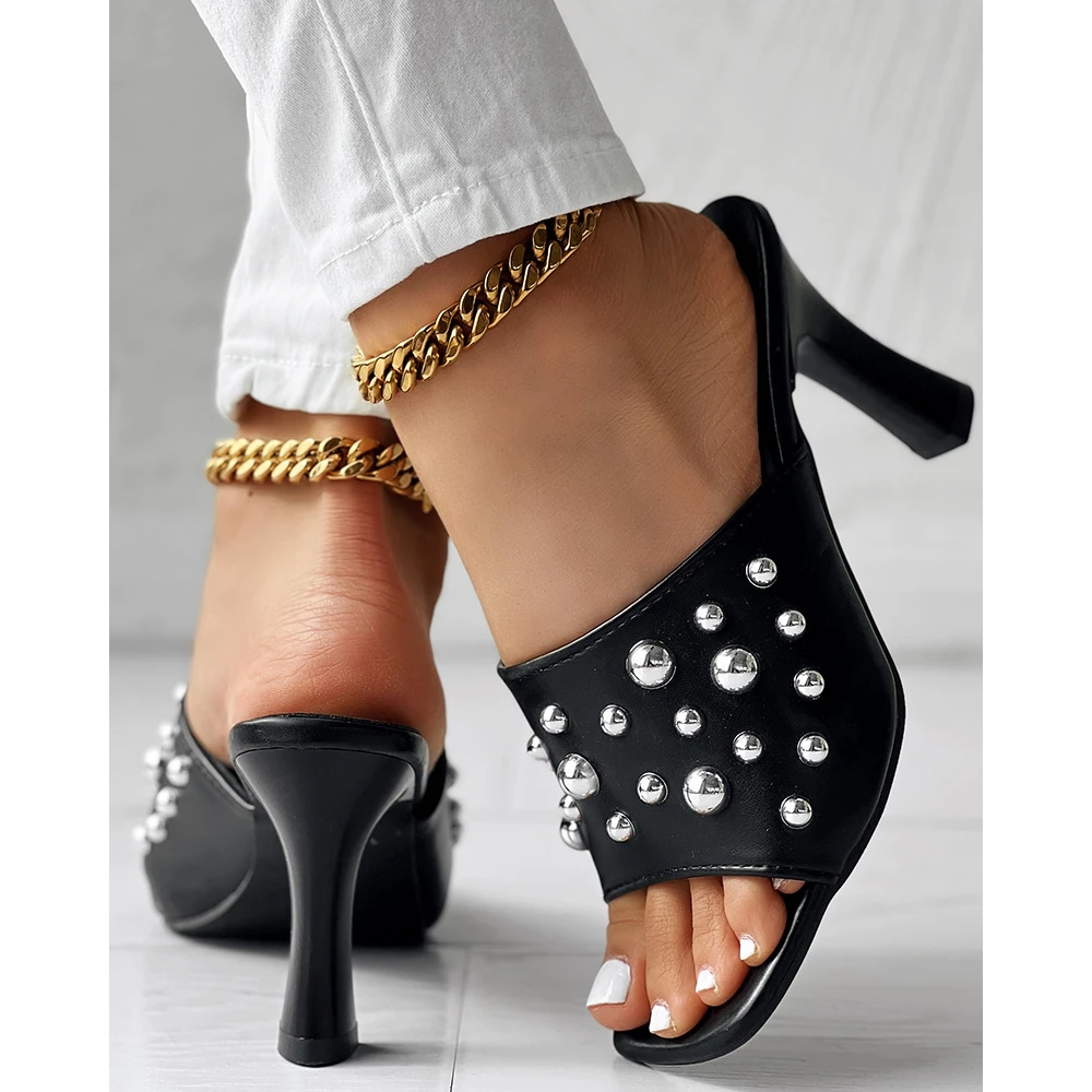 

Summer Women Studded Decor Peep Toe Pu Leather High Heels Luxury Sandals Femme Casual Going Out High Heels Slippers Shoes Traf