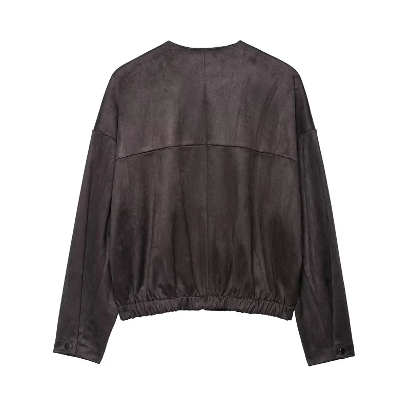 Damenjacke 2025, neue Jacke mit Wildledereffekt aus Kunstleder, Frühling und Herbst, Rundhalsausschnitt, Street-Vintage-Damenoberteil