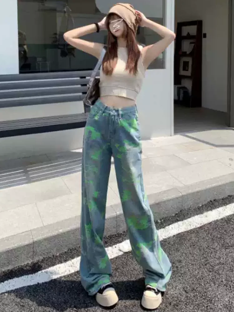 Jeans ricamati streetwear moda vintage a vita alta dritti gamba larga Vaqueros pantaloni denim coreani casual da donna retrò