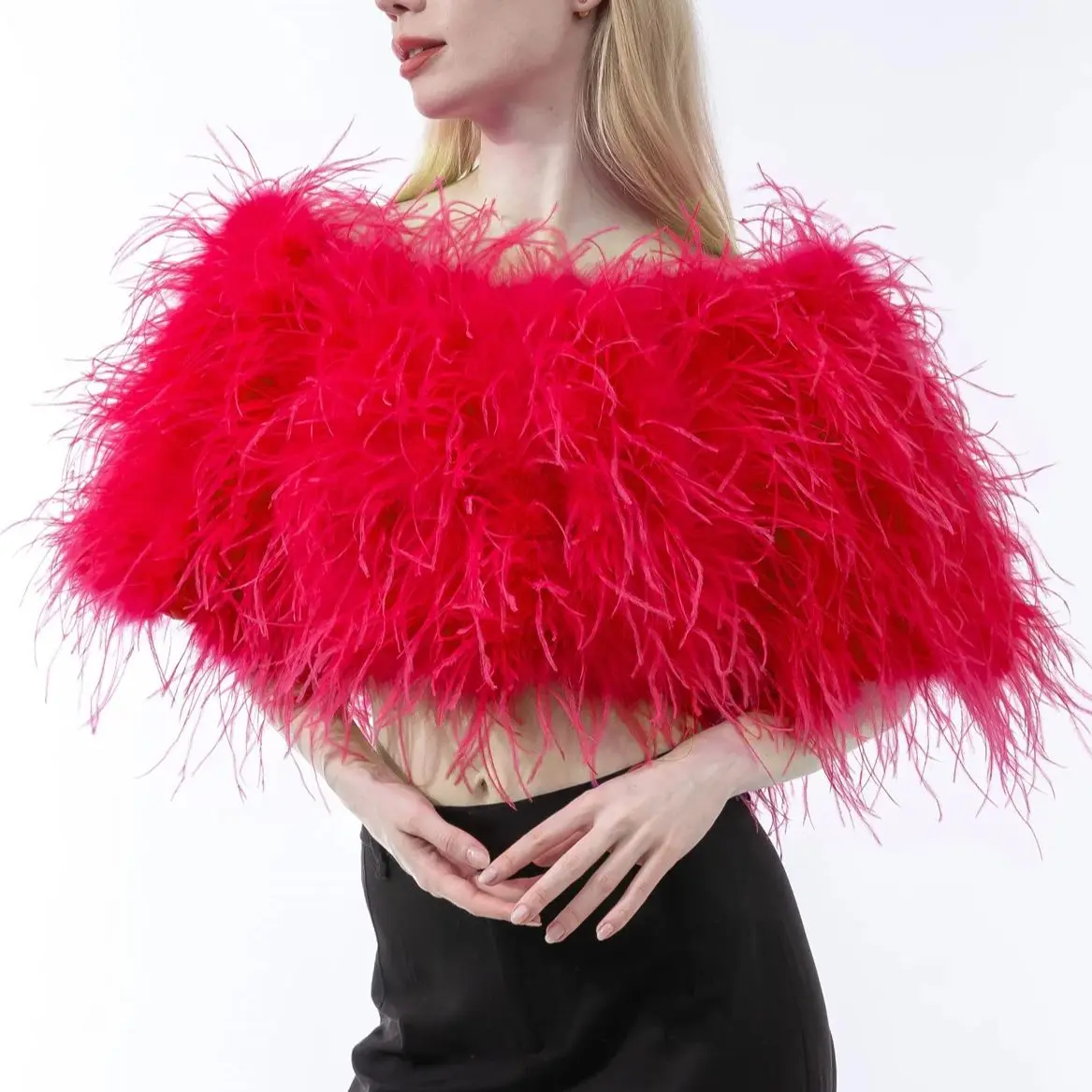 natural ostrich feather off shoulder tube top with half sleeve  winter  furry luxurious   Strapless for party 230834