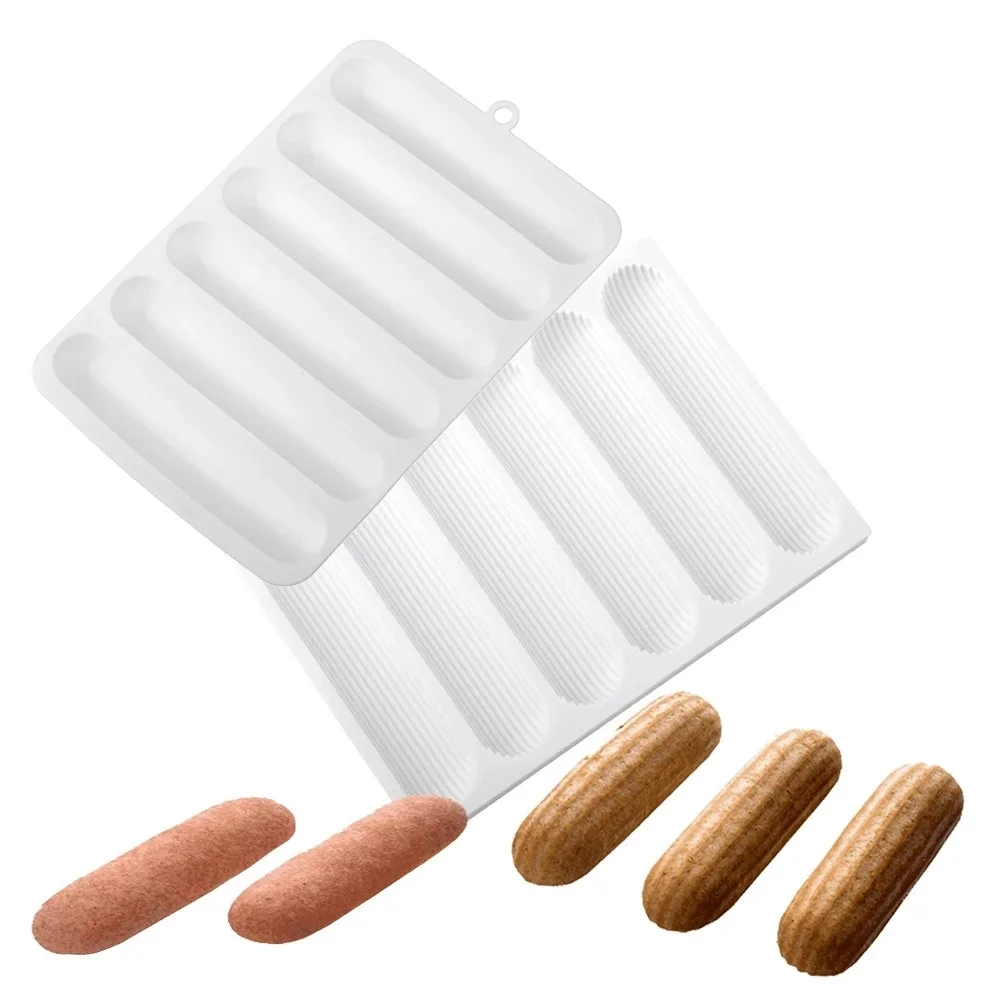 6-Cells Chocolate Eclair Dessert Bakeware Long Strip Puffs Baking Mold Finger Shaped Puff Pastry Mold Kitchen Silicone Bakeware