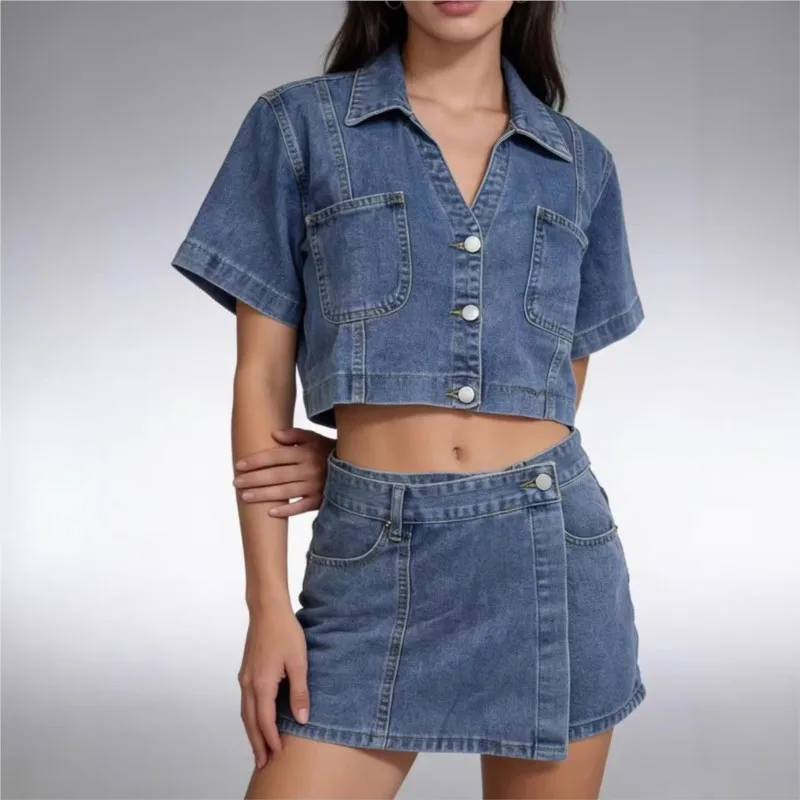 

Fashionable Loose Comfortable Denim Skirt Pants Set Women's Summer Two-Piece Suit Cotton Short Sleeve Casual Commute Style