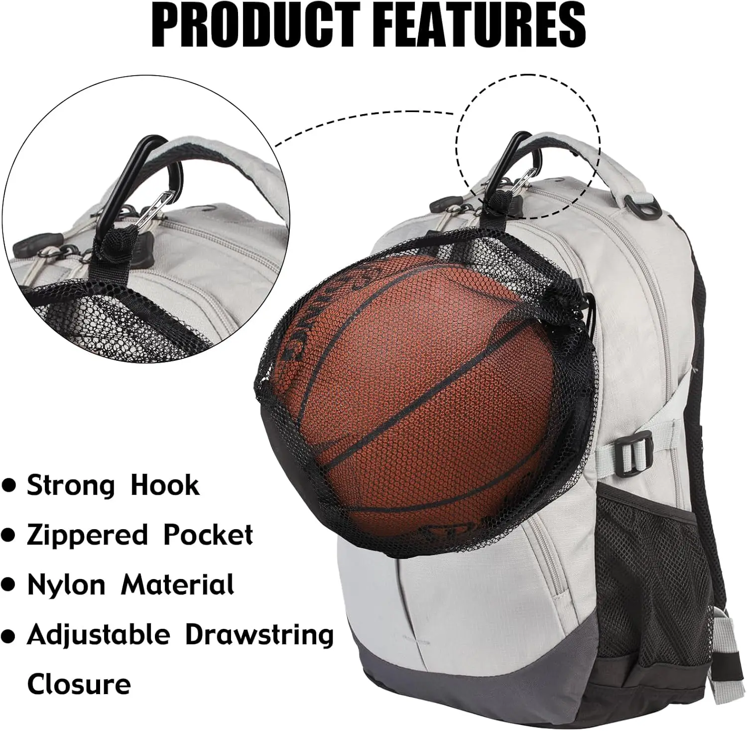 Single Mesh Ball Bag with Zipper Pocket & Quick Release Buckle, Portable Soccer Basketball Volleyball Carrier, Fits All Backpack