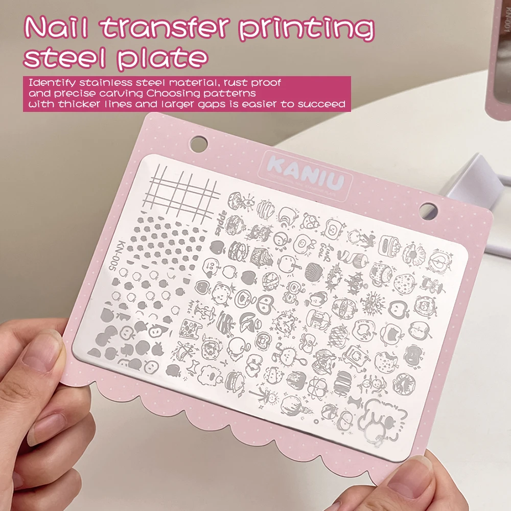 KANIU 1PC Cute Cartoonish Nail Print Board Butterfly Apple French Checker Nail Art Stencils For DIY Print Manicure Decorations