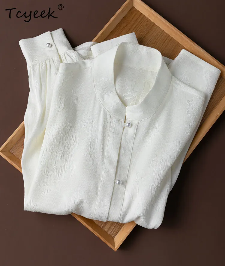 Tcyeek 20MM 93% Mulberry Silk Womens Tops Elegant Shirts for Women 2026 Spring Summer Clothes Long Sleeve Shirt Chemise Femme