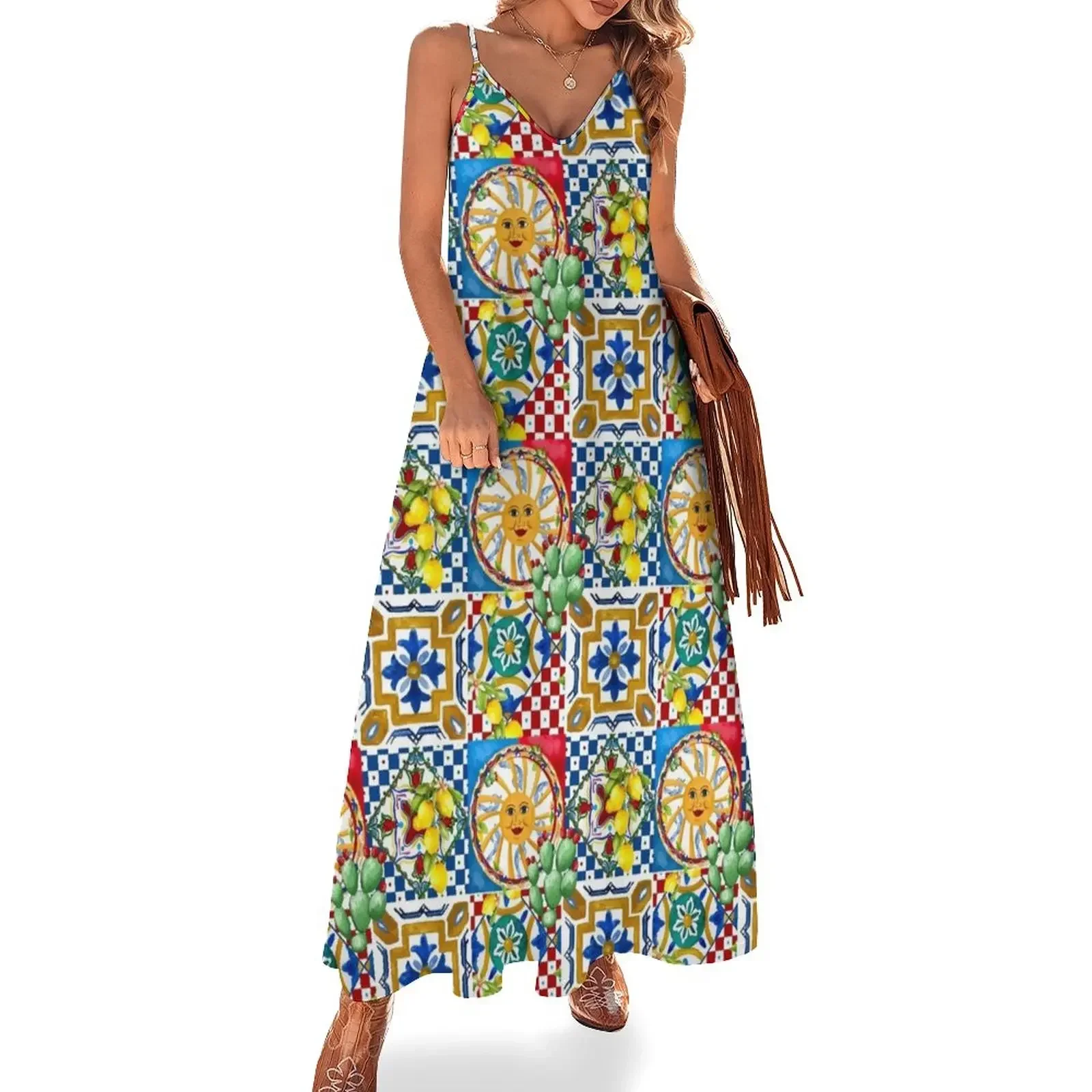 

Sicilian tiles,mediterranean,mosaic,lemons, Sleeveless Dress african dresses for woman Dress for girls Dress