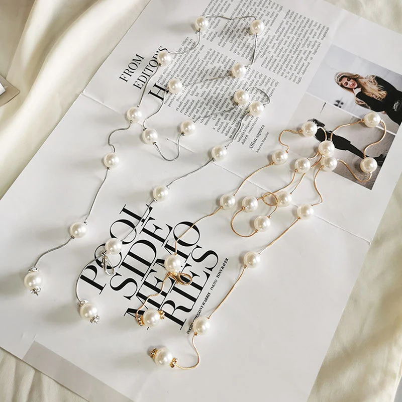 New··Pearl Women's Belt Simple Adjustable Metal Thin Chain Belt For Ladies Dress Waistband Decorative Jewelry