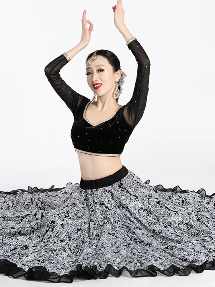 인도 여성 볼리우드 댄스 무대 공연 탑 긴 소매 블랙 메쉬 벨리 댄스 셔츠 오리엔탈 댄스 의상 DQL12132