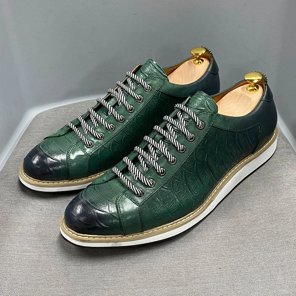 

Casual Leather Shoes Genuine Leather with Thick Soles, Daily Single Shoes, Fashionable Crocodile Pattern Embossed Handmade Shoes