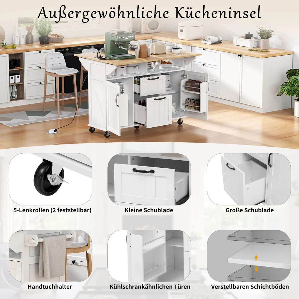 Kücheninsel mit Rollen, abnehmbarem Esstisch, mit Schubladen und Handtuchhalter, mobiler Küchenwagen mit Steckdosenstangen – Detail 28