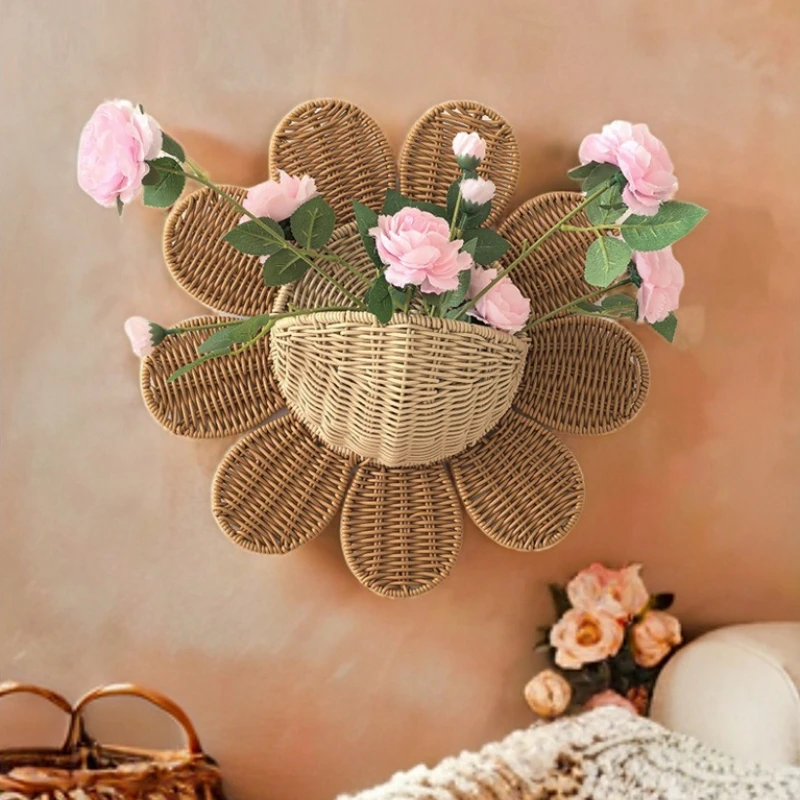 Nordic Rattan Woven Basket Children's Room Wall Decoration Vine Weaving Sunflower Bathroom Rack Multifunctional Key Baskets