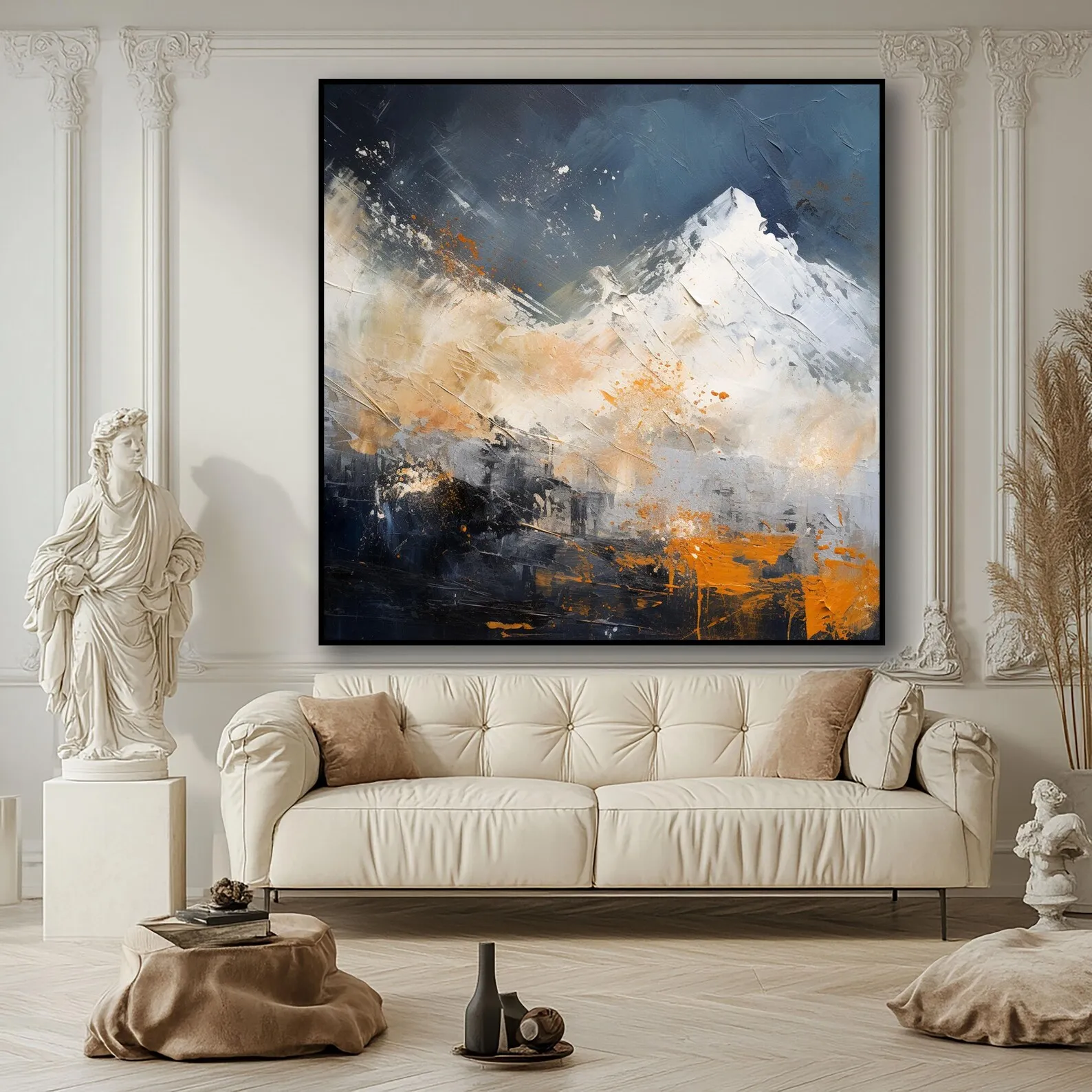 

Mhemyo Abstract Hand Painted Mountain Painting Blue and Orange Modern Landscape Textured Oil Painting For Living Room Home Decor