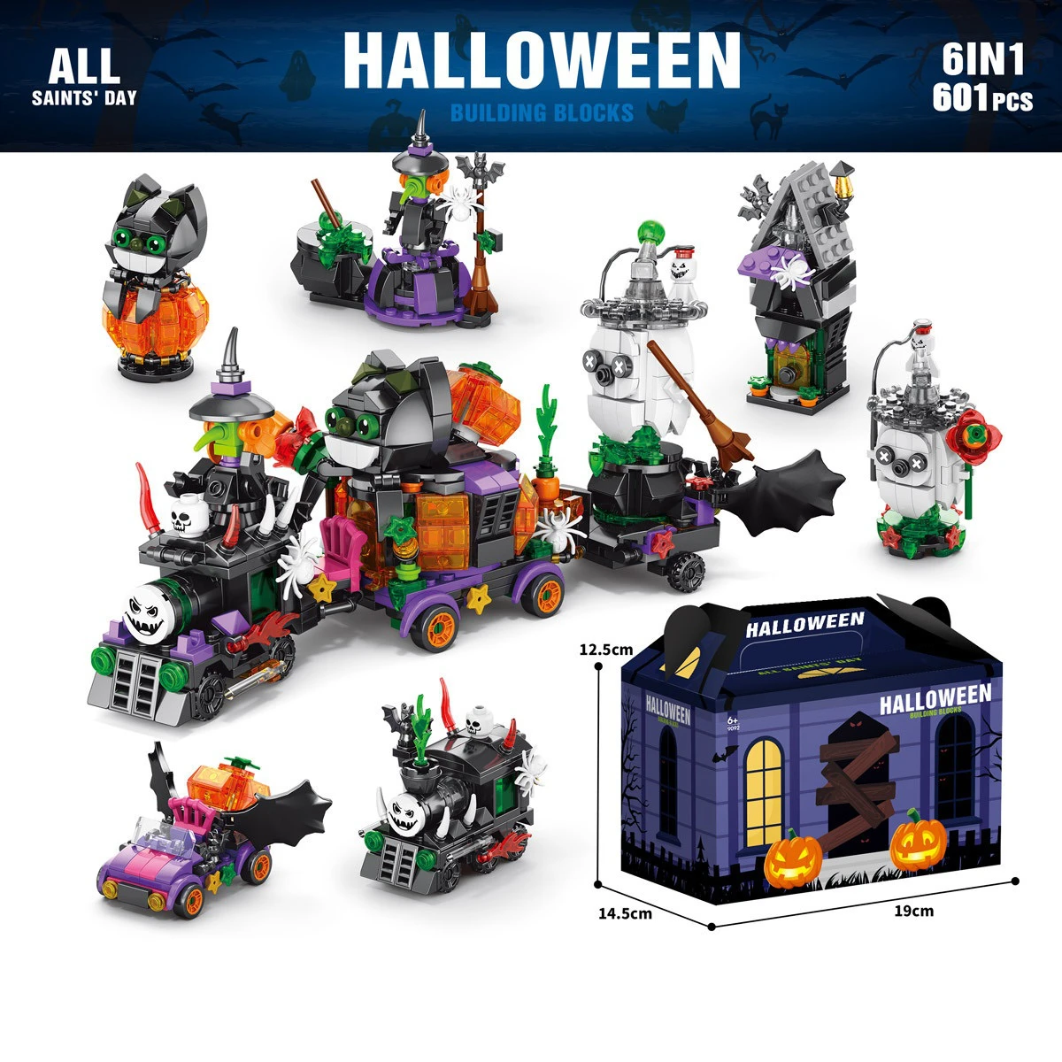 6-in-1 Halloween Building Blocks Set Creative MOC DIY Haunted House Pumpkin Lantern Candy Train Kids Gift Educational Toy