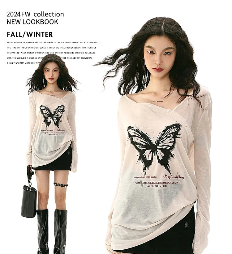 High Quality Hot Selling Bow Print Sunscreen Long Sleeved T-shirt with Women's Design Sense, One Shoulder Spicy Girl Top Gothic