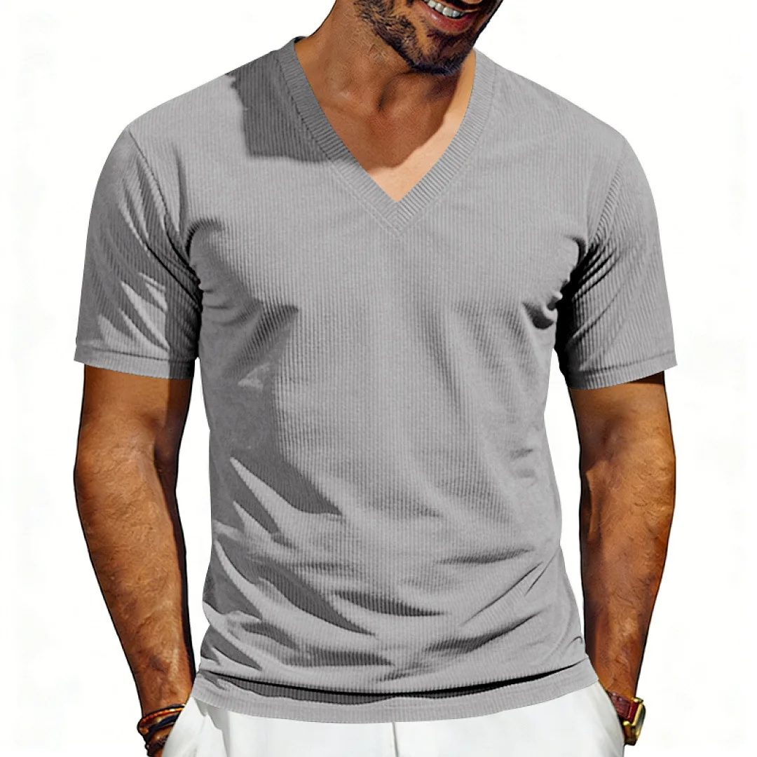 Cross-border Summer Heavy Loose Men's Corduroy Deep V-Neck Design Ami Kaji Short Sleeve T-Shirt