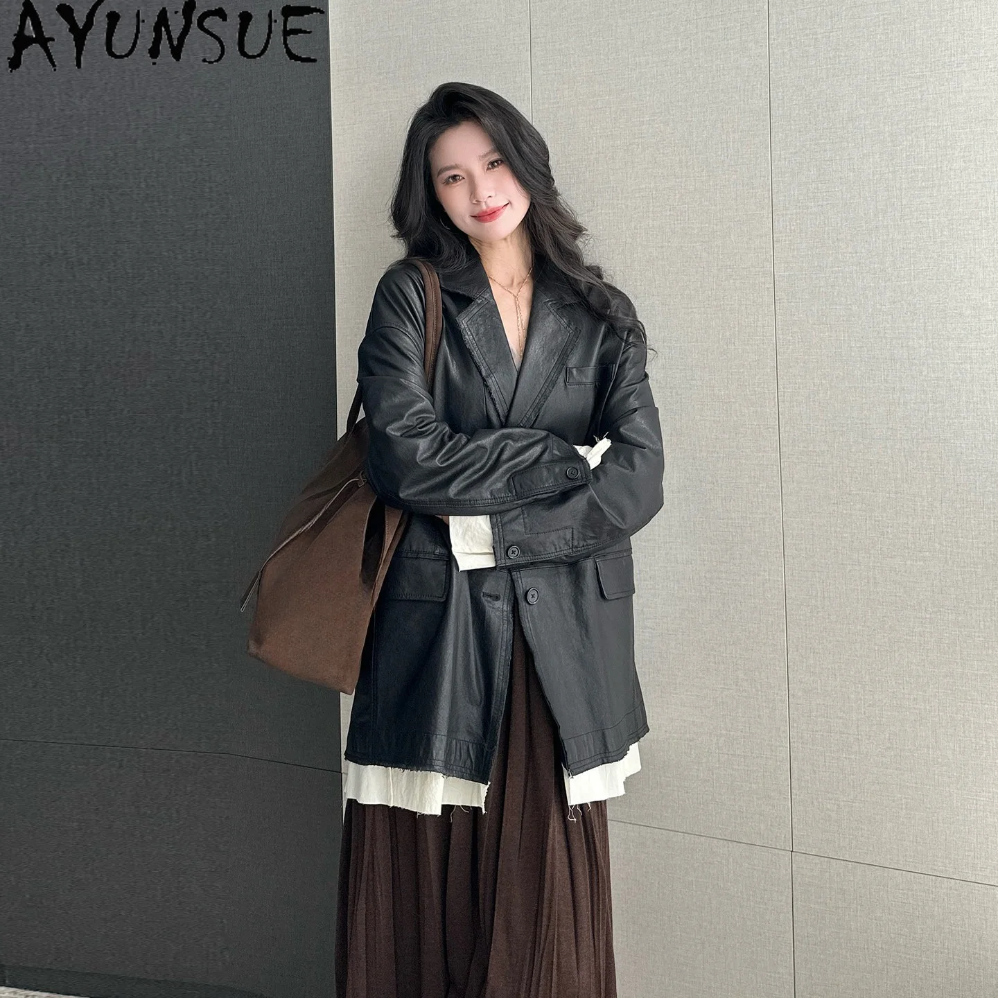 AYUNSUE Top Layer Sheepskin Real Leather Jacket Women Autumn Clothes Mid-length Suit Coat Woman Loose Fit New Куртка Кожаная