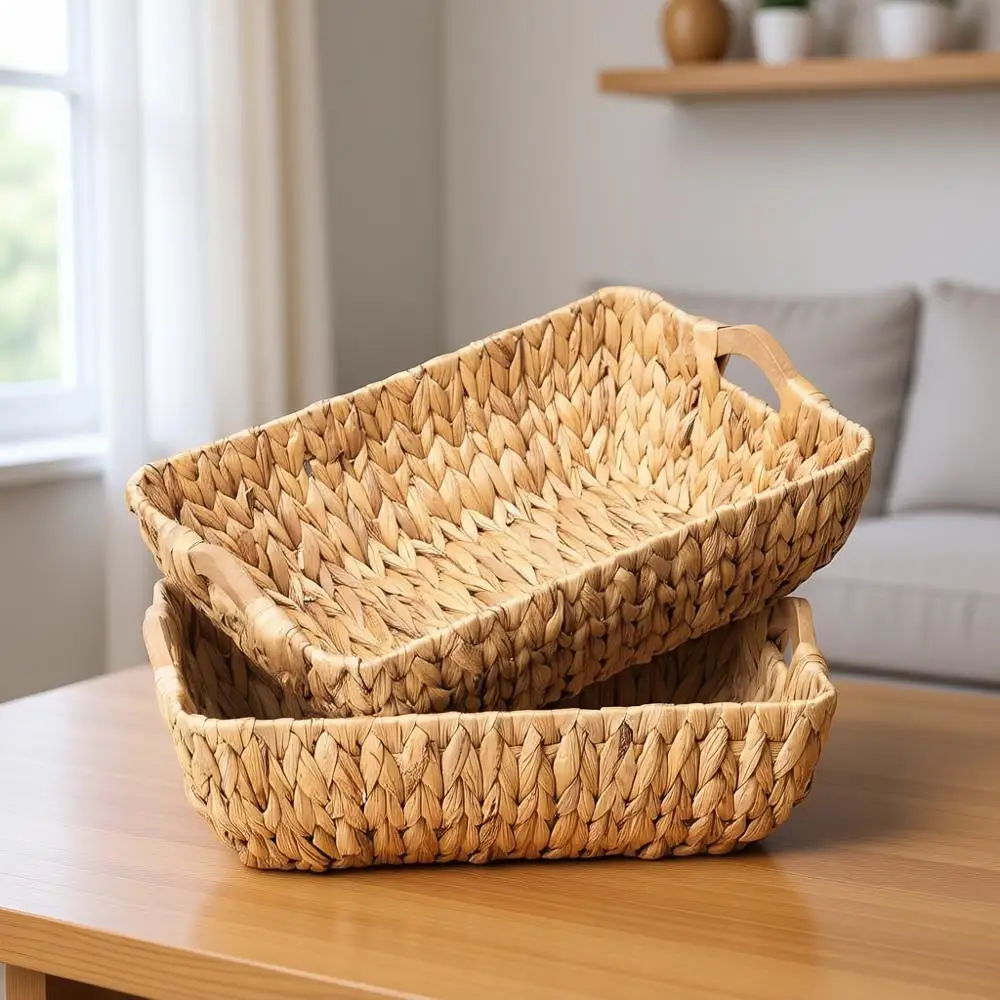 

Natural Wicker Baskets with Handles, Set of 2, Handwoven Storage Baskets for Organizing, 14.96x10.04x4.73