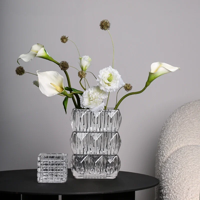 Florero de cristal brillante para sala estar, florero moderno escritorio, adornos flores secas, accesorios de decoració